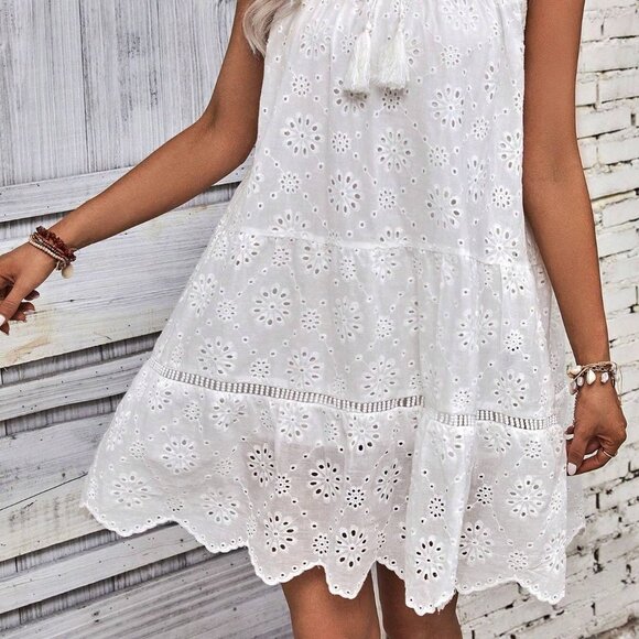 White Boho Womens Eyelet Embroidery Tassel Tie Neck Ruffle Hem Smock Dress - Picture 4 of 5